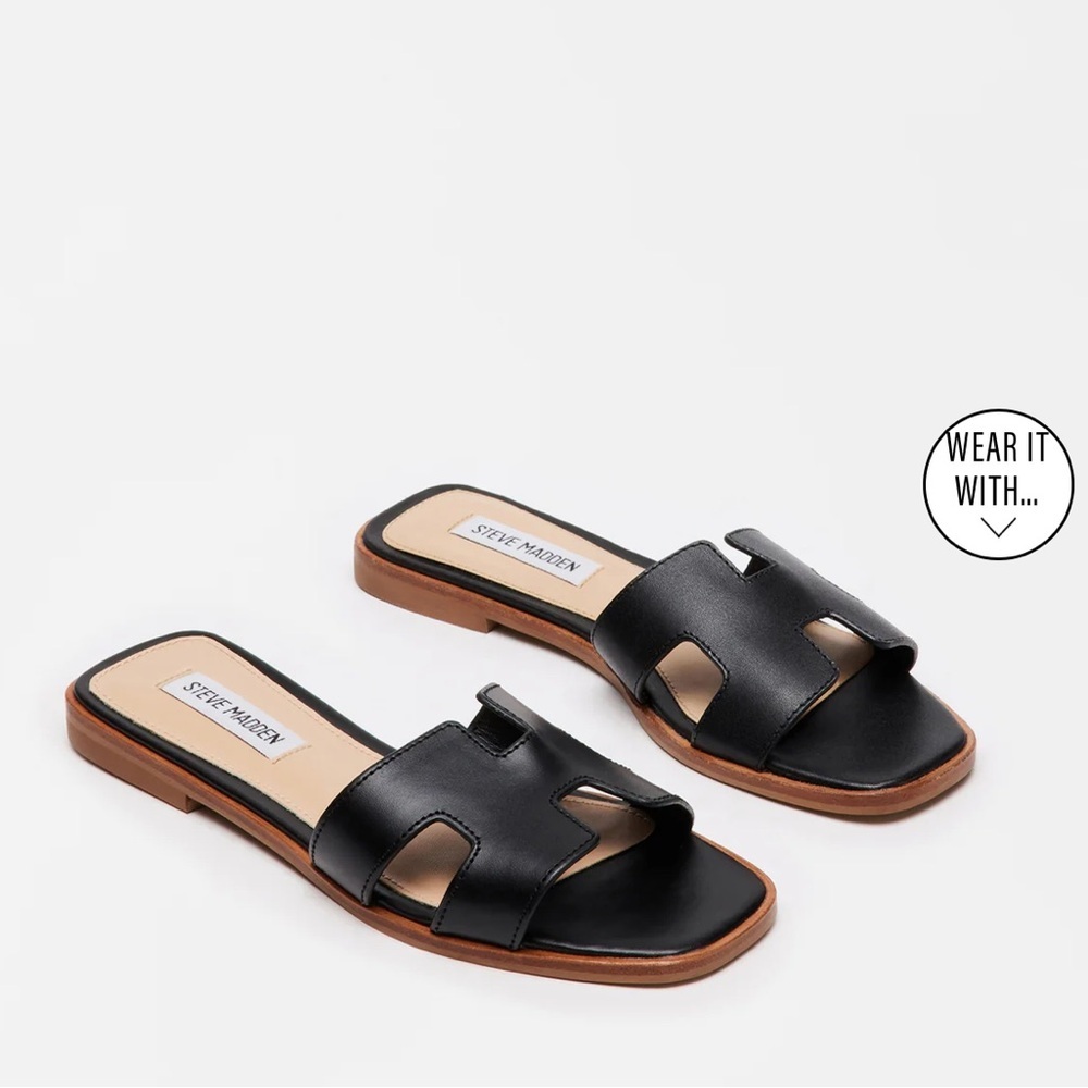 Steve Madden Hadyn Black Leather Slide Sandals Women’s Size 8